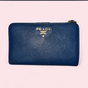 Prada Navy Wallet with Saffiano Leather and Gold Hardware